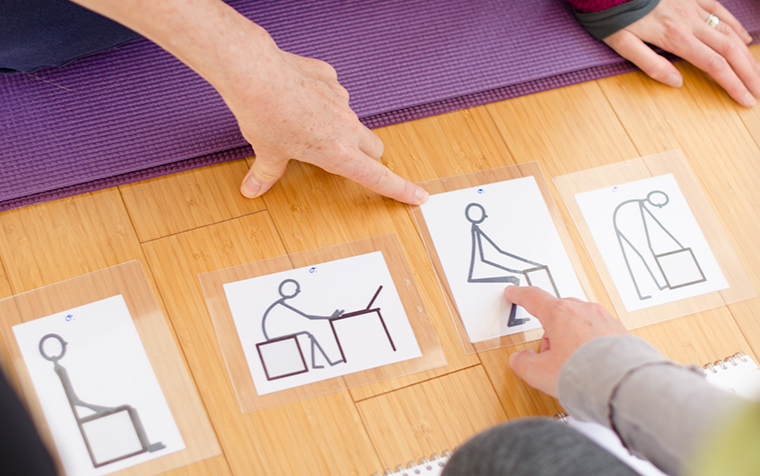 Ausbildung Yoga Frankfurt am Main yogasram Schüler zeigen auf asana Abbildungen auf Übungkarten
