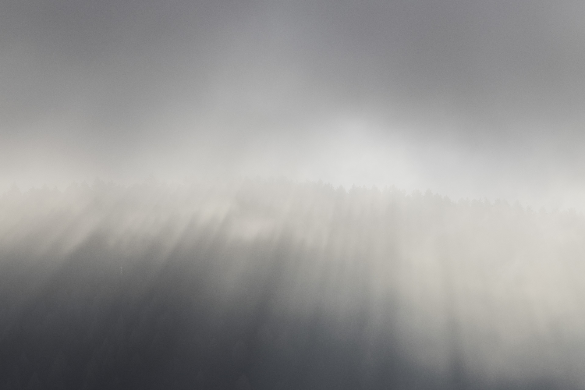 Januar Stimmung – morgendliche Sonnenstrahlen hinter Schleierwolken vor bewaldetem Hang