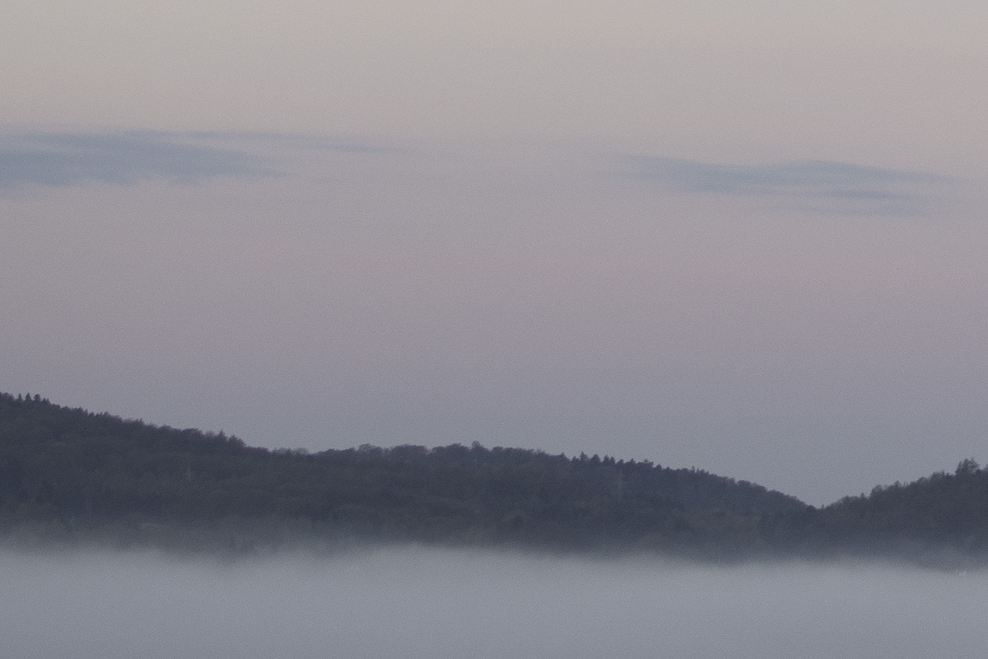 Februar Morgenstimmung – zartrose Himmel über Bergkamm und Nebelschwaden im Tal davor